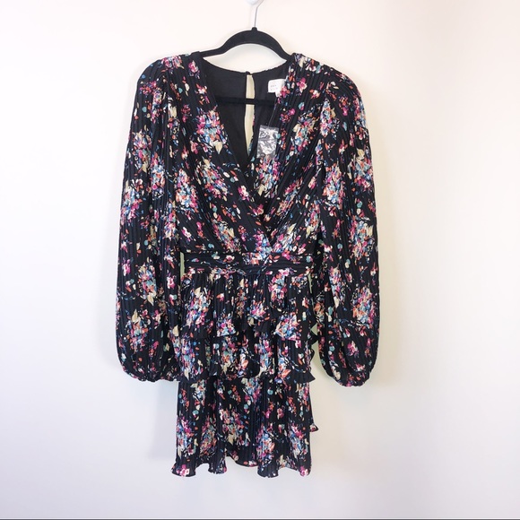 Dee Elly Black Floral Print Tiered Mini Dress Long Sleeve Smocked Waist Large - Picture 2 of 14